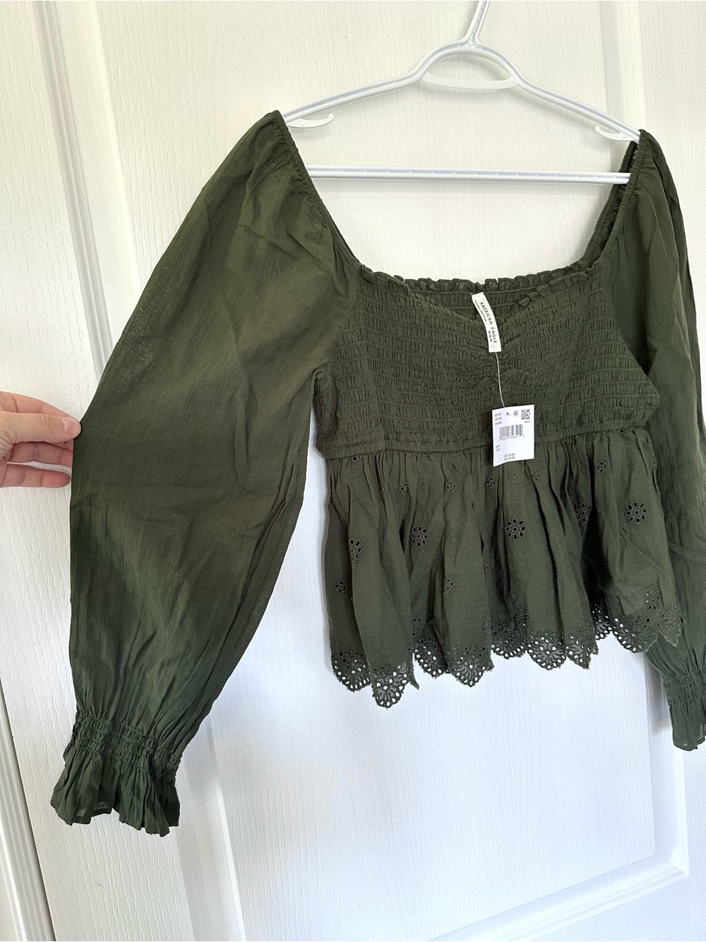 NWT American Eagle Olive Green Long Sleeve Eyelet Peplum Blouse Smocked Boho M - Picture 2 of 7